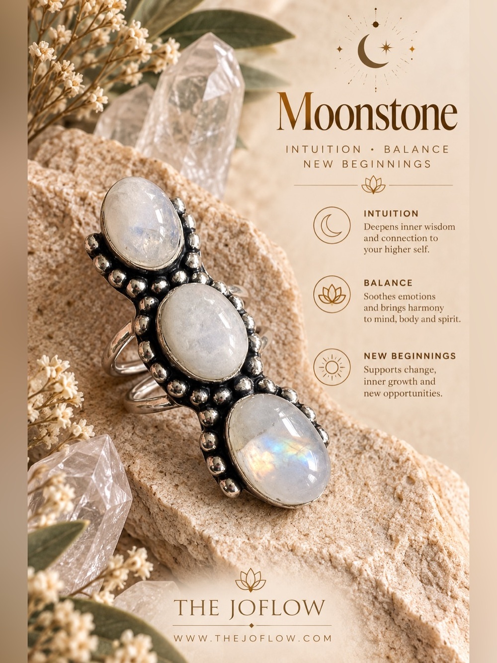 925 Stunning! Triple Moonstone Ornate Ring 5.5